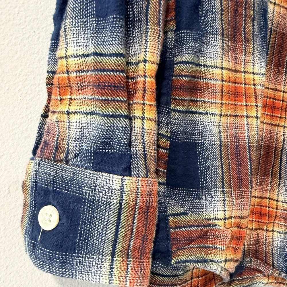 Gap Kids M Navy Orange Plaid Flannel 100% Cotton Button Down Shirt